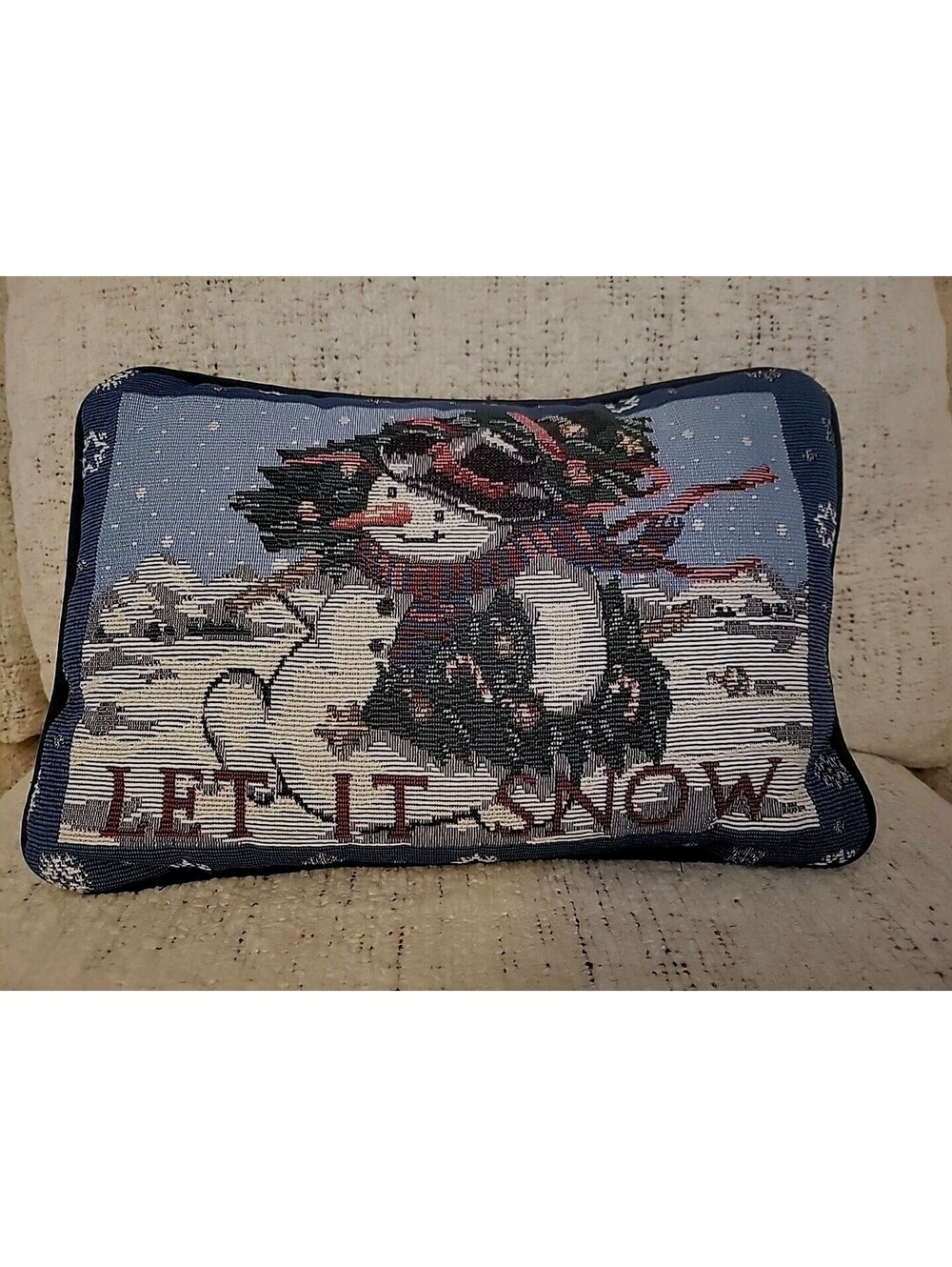 Tapestry Snowman Throw Pillow 8x12 "Let It Snow" Winter Christmas Holiday Decor